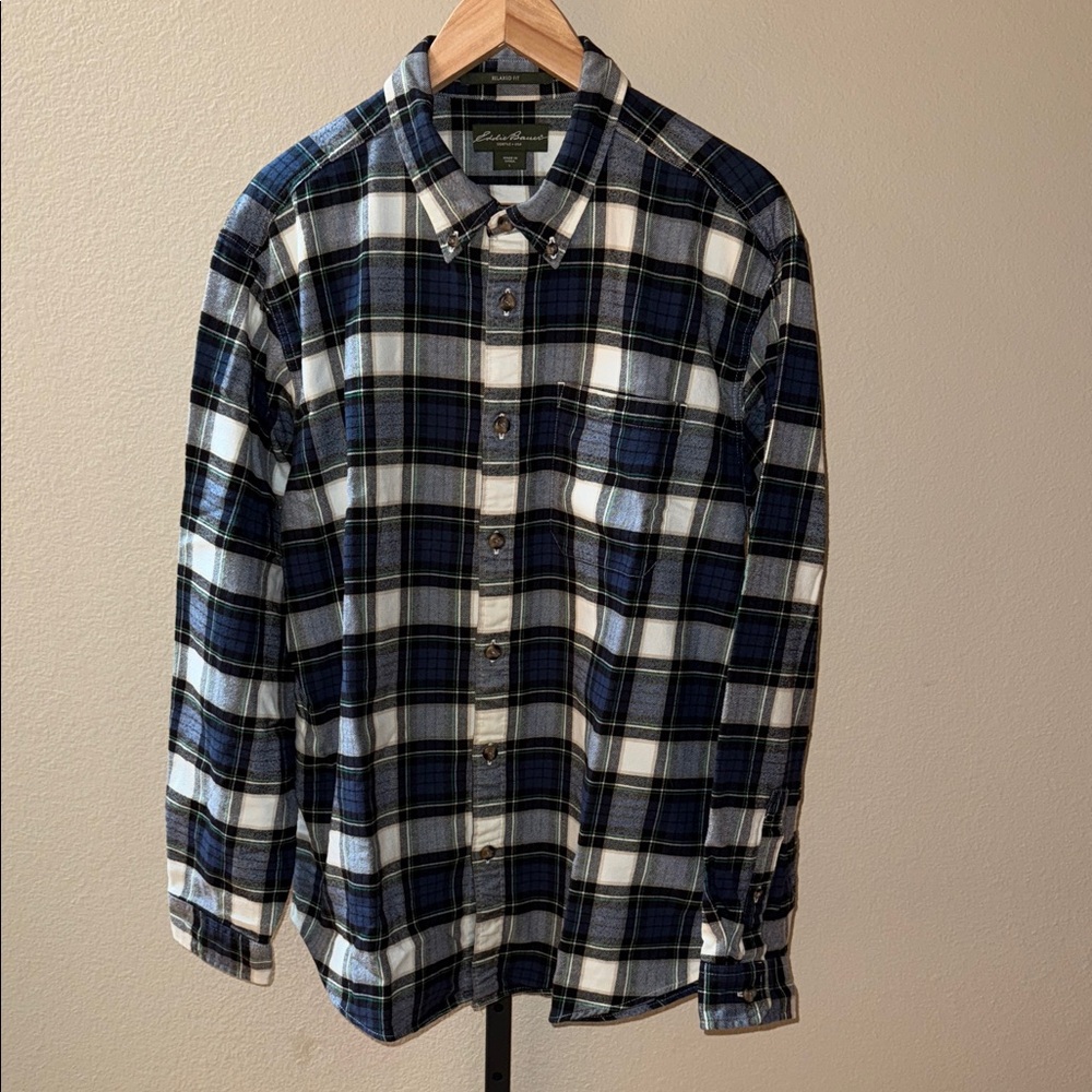 VTG Eddie Bauer Relaxed Fit Button Down Flannel Shirt Blue White Men’s Sz L